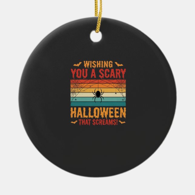 Scary Halloween Spider Web Sunset Design_1 Ceramic Tree Decoration (Front)