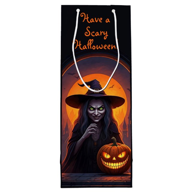 Scary Halloween Witch and Crazy Smile Pumpkin Wine Gift Bag (Back)
