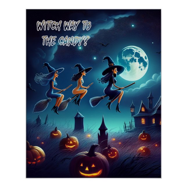 Scary Halloween Witches Heading For Party Poster (Front)