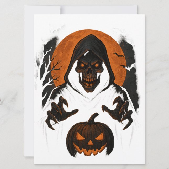 Scary Halloween Wizard – Creepy Hooded Skull  Card (Front)
