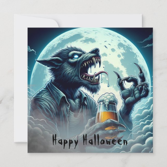 Scary Happy Halloween Werewolf Drinking A Beer Card (Front)