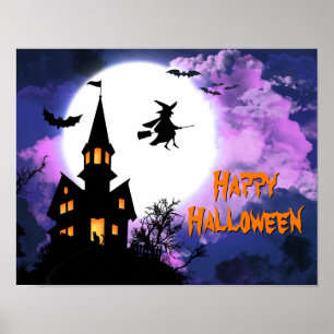 Scary Haunted Castle Flying Witch Halloween Party Poster