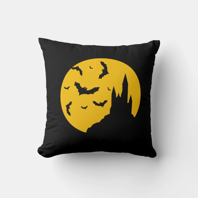 Scary Haunted House with Bats Happy Halloween Cushion (Front)