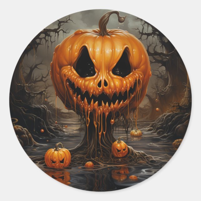 Scary Jack O Lantern Halloween Classic Round Sticker (Front)