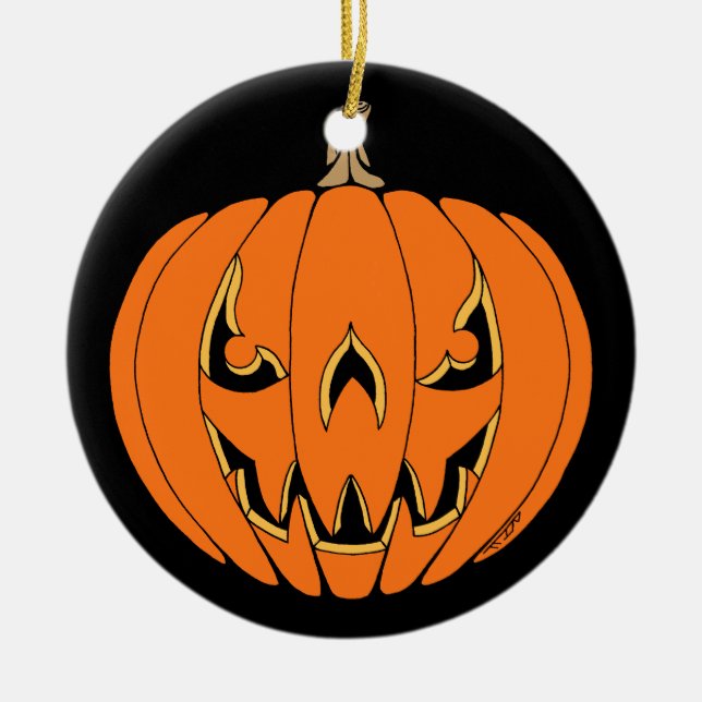 Scary Jack-o'-Lantern Halloween Design Ceramic Tree Decoration (Front)