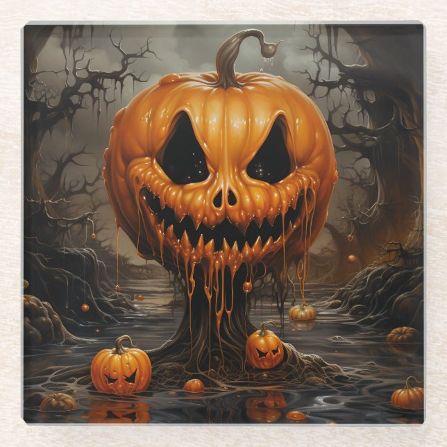 Scary Jack O Lantern Halloween Glass Coaster (Front)
