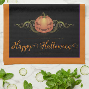 Scary Jack-o-Lantern Halloween   Orange Tea Towel