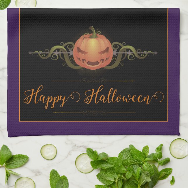 Scary Jack-o-Lantern Halloween | Purple Tea Towel (Folded)