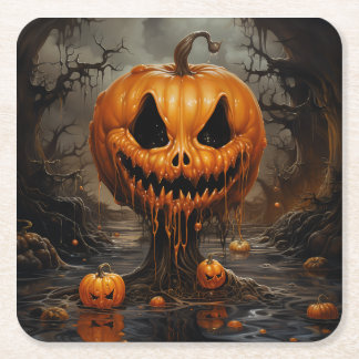 Scary Jack O Lantern Halloween Square Paper Coaster