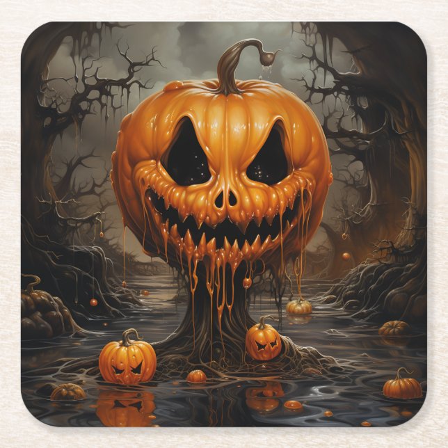 Scary Jack O Lantern Halloween Square Paper Coaster (Front)