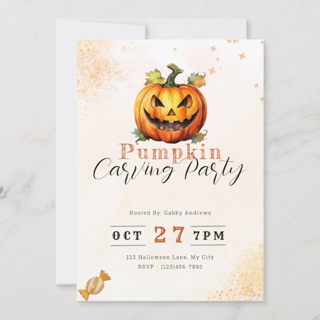 Scary Jack-O' Lantern Orange Pumpkin Carving Party Invitation (Front)