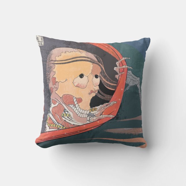 Scary Japanese Skeleton Ghost Woodblock Cushion (Front)