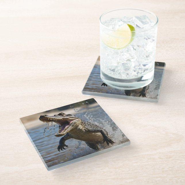 Scary Jaws: Australian Crocodile Leaping Glass Coaster (Angled)