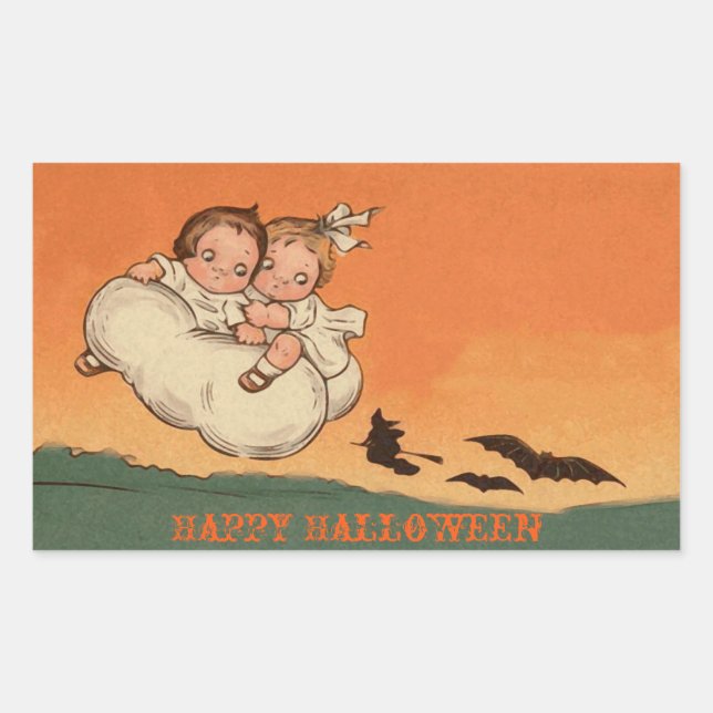 Scary Kids Bats and Witch on Broom Happy Halloween Rectangular Sticker (Front)