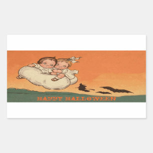 Scary Kids Bats and Witch on Broom Happy Halloween Rectangular Sticker