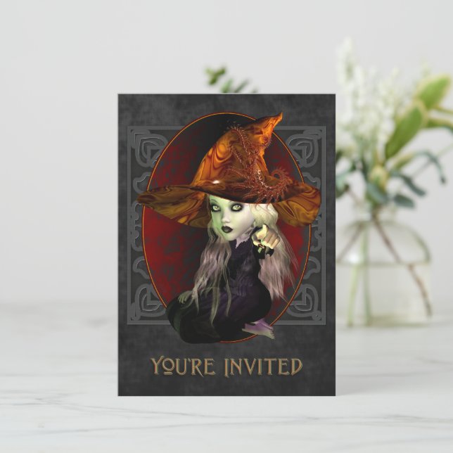 Scary Little Witch Halloween Party Invitation (Standing Front)
