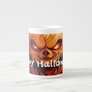 Scary Looking Orange Pumpkin with Face, Halloween Bone China Mug