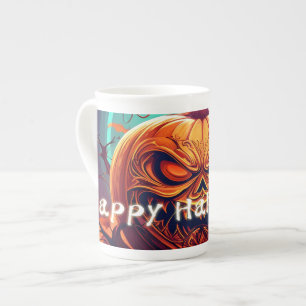 Scary Looking Orange Pumpkin with Face, Halloween  Bone China Mug