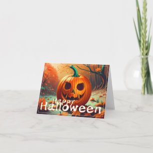 Scary Looking Orange Pumpkin with Face, Halloween Card