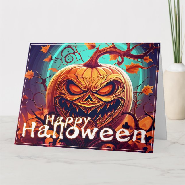 Scary Looking Orange Pumpkin with Face, Halloween Card (Front)