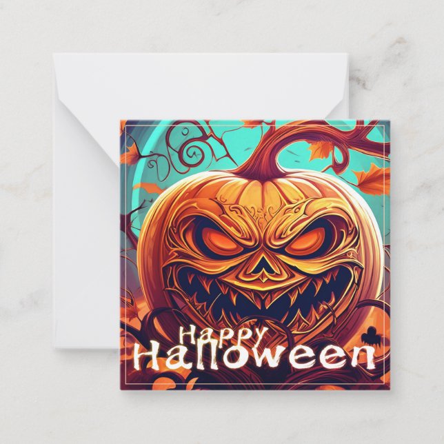 Scary Looking Orange Pumpkin with Face, Halloween Card (Front)