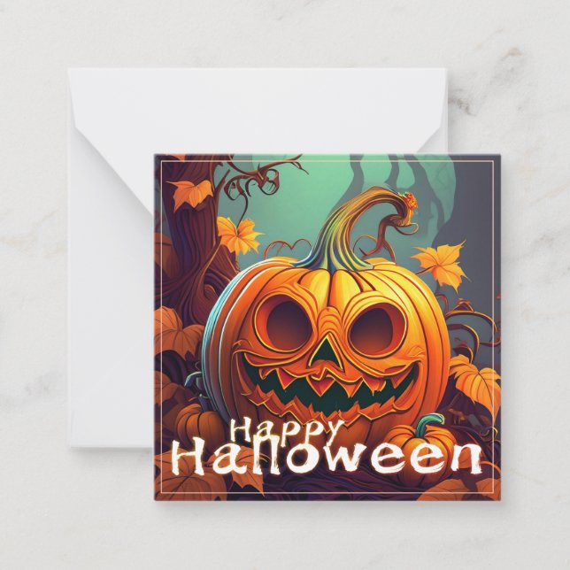 Scary Looking Orange Pumpkin with Face, Halloween Card (Front)
