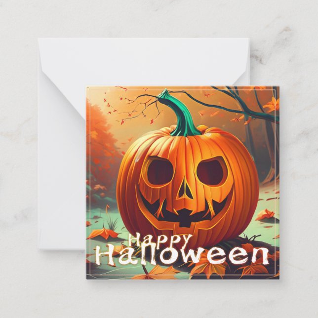 Scary Looking Orange Pumpkin with Face, Halloween Card (Front)