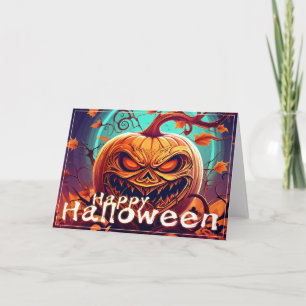 Scary Looking Orange Pumpkin with Face, Halloween Card