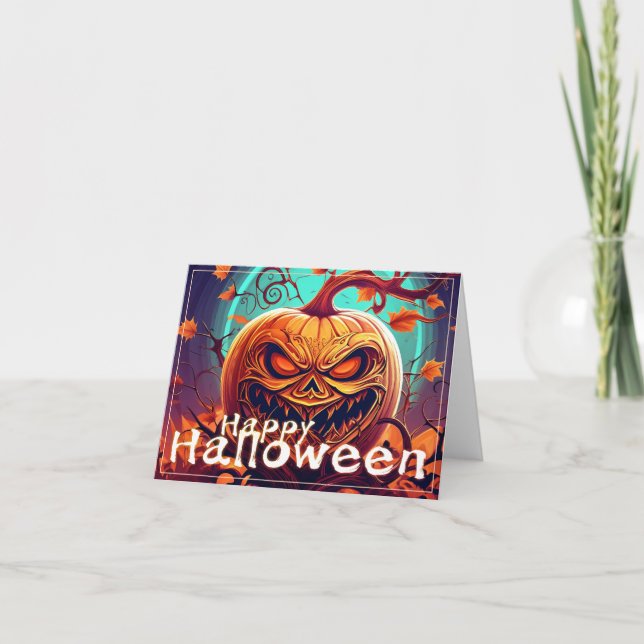 Scary Looking Orange Pumpkin with Face, Halloween Card (Front)