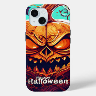 Scary Looking Orange Pumpkin with Face, Halloween iPhone 15 Case