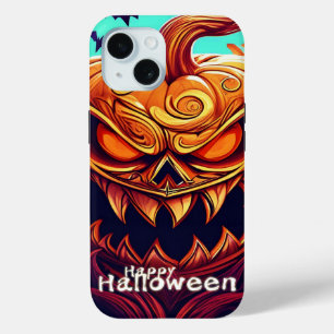 Scary Looking Orange Pumpkin with Face, Halloween iPhone 15 Case