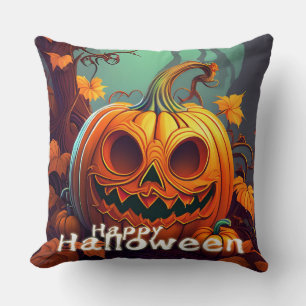 Scary Looking Orange Pumpkin with Face, Halloween Cushion