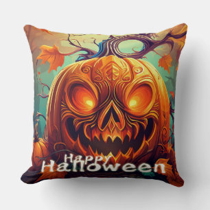 Scary Looking Orange Pumpkin with Face, Halloween  Cushion