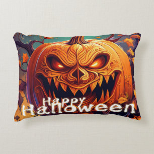 Scary Looking Orange Pumpkin with Face, Halloween Decorative Cushion