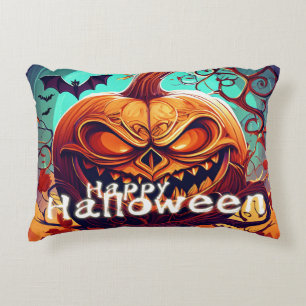 Scary Looking Orange Pumpkin with Face, Halloween Decorative Cushion