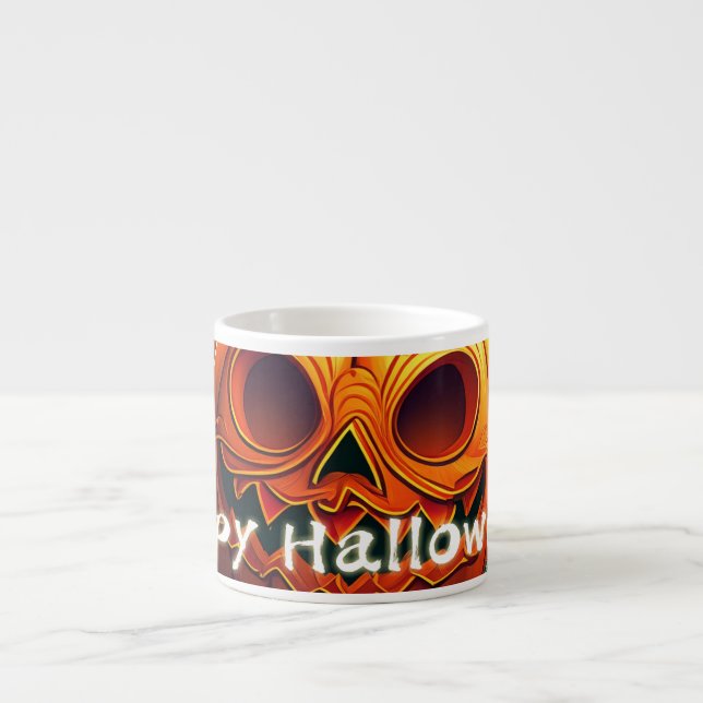 Scary Looking Orange Pumpkin with Face, Halloween Espresso Cup (Front)