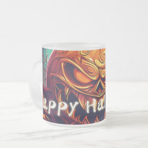 Scary Looking Orange Pumpkin with Face, Halloween Frosted Glass Coffee Mug