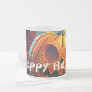 Scary Looking Orange Pumpkin with Face, Halloween Frosted Glass Coffee Mug