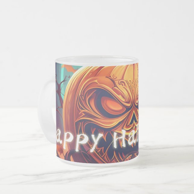 Scary Looking Orange Pumpkin with Face, Halloween  Frosted Glass Coffee Mug (Front Left)