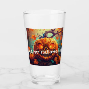 Scary Looking Orange Pumpkin with Face, Halloween Glass