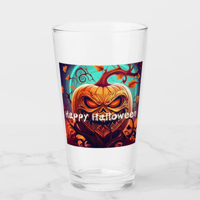 Scary Looking Orange Pumpkin with Face, Halloween  Glass (Front)