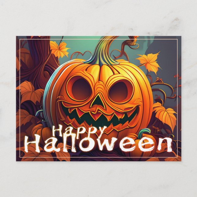 Scary Looking Orange Pumpkin with Face, Halloween Holiday Postcard (Front)