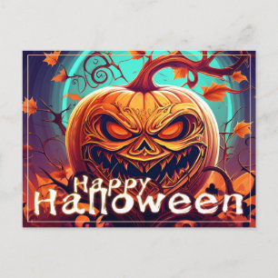 Scary Looking Orange Pumpkin with Face, Halloween Holiday Postcard