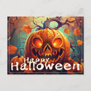 Scary Looking Orange Pumpkin with Face, Halloween Holiday Postcard
