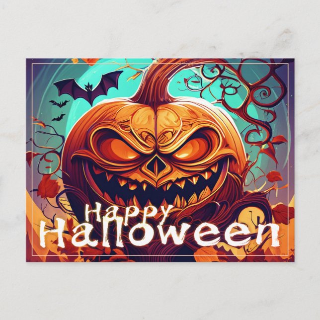 Scary Looking Orange Pumpkin with Face, Halloween Holiday Postcard (Front)