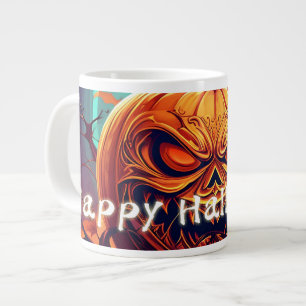 Scary Looking Orange Pumpkin with Face, Halloween  Large Coffee Mug