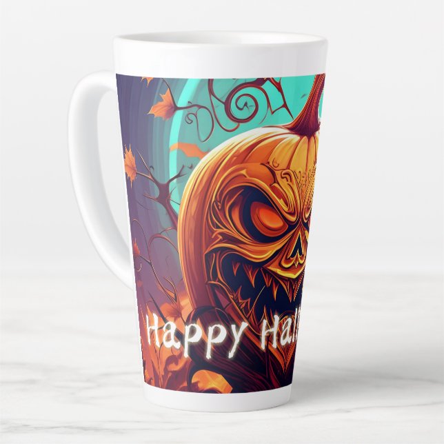 Scary Looking Orange Pumpkin with Face, Halloween  Latte Mug (Left Angle)
