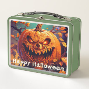 Scary Looking Orange Pumpkin with Face, Halloween Metal Lunch Box