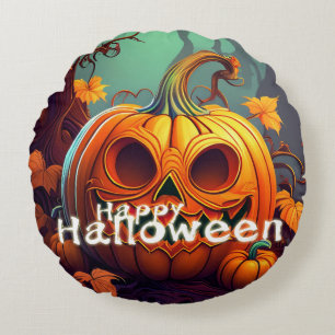 Scary Looking Orange Pumpkin with Face, Halloween Round Cushion