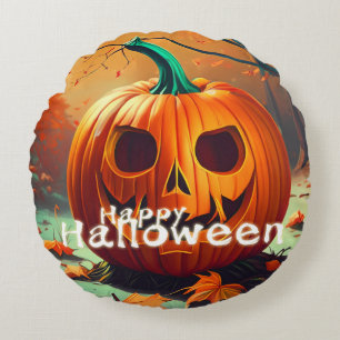 Scary Looking Orange Pumpkin with Face, Halloween Round Cushion